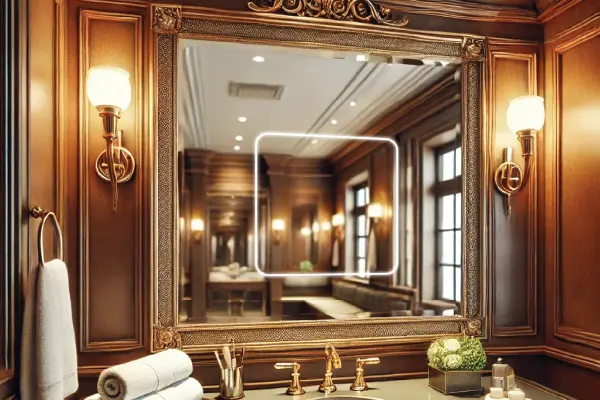 A bathroom featuring a mirror above a sink, showcasing a clean and modern design with neutral color.